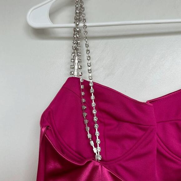 NWT Ieena for Mac Duggal Womens Hot Pink Rhinestone Beaded Strap Satin Dress 2 - Picture 6 of 12